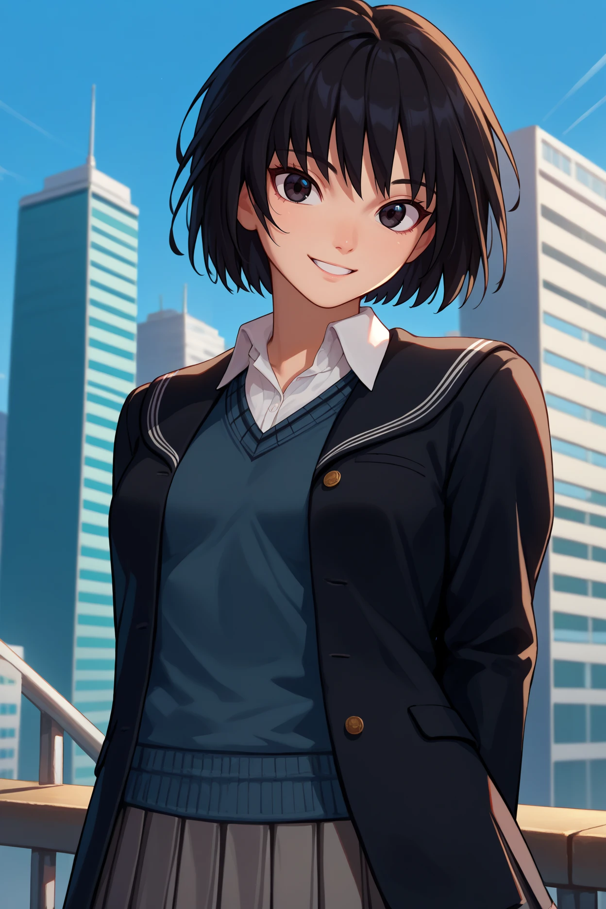 score_9, score_8_up, score_7_up, score_6_up, source_anime, 1girl, solo, <lora:ainanasaki-pdxl-nvwls-v1-000005:1> amagamiai, black hair, short hair, black eyes, black blazer, black sailor collar, collared shirt, grey sweater vest, grey skirt, pleated skirt, upper body, smile, looking at you, breasts, arms behind back, blue sky, city, portrait