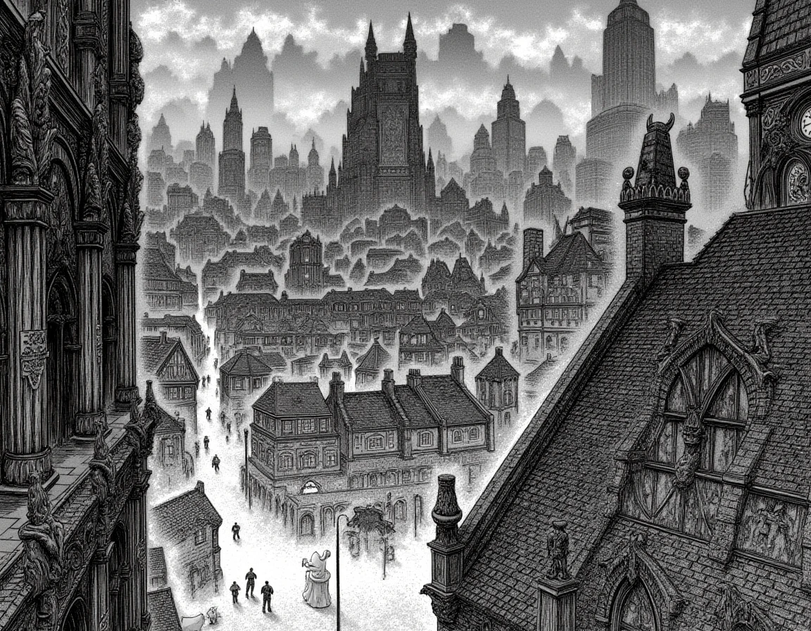 Highly detailed black and white manga style ink drawing by Kentaro Miura, the sprawling metropolis of Gotham City comes to life in astonishing detail. The architecture is a compelling juxtaposition of gothic and modern elements; towering skyscrapers with sharp angles and jagged silhouettes pierce the cloud-laden sky, their sheer walls adorned with intricate carvings and ominous gargoyles that seem to gaze down with watchful eyes. 

Winding through the city, dimly lit alleyways snake between colossal buildings, their cobblestone paths glistening with remnants of a recent rain, reflecting the faint glimmers of distant streetlights. A layer of fog clings to the ground, lending a ghostly quality to the scene, while the sound of distant thunder rumbles ominously, enhancing the bleak atmosphere. 

The foreground features a bustling street, where shadowy figures scurry about, their faces obscured but their hurried movements palpable, creating an air of urgency. Nearby, a decrepit old clock tower looms, its hands frozen at midnight, symbolizing the perpetual darkness that envelops Gotham. Each window in the surrounding buildings seems to tell a story, some flickering with life, while others remain dark and lifeless, hinting at secrets hidden within.