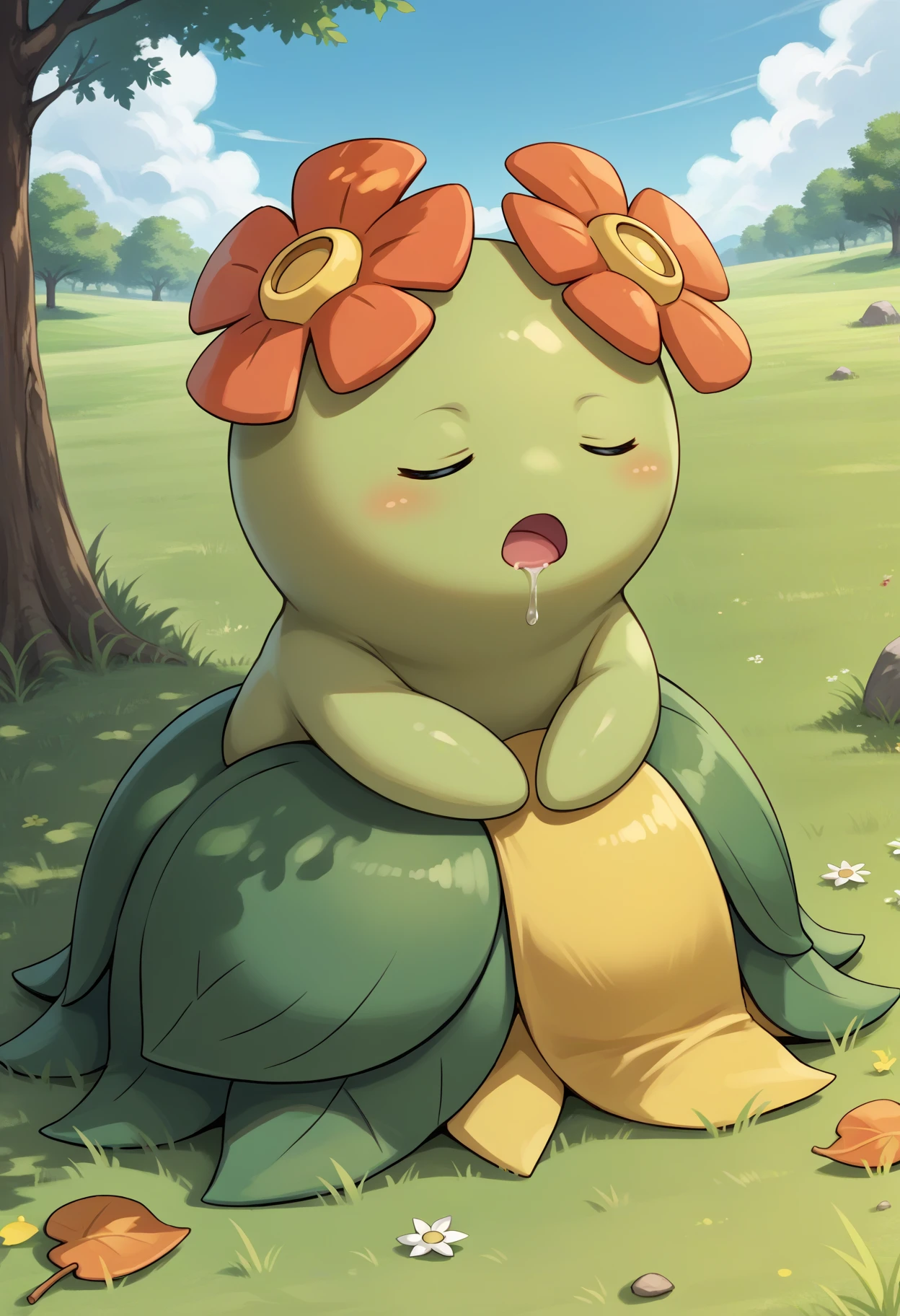 score_9, score_7_up, source_anime, closed eyes, sitting, open mouth, sleeping, mouth drool, <lora:BellossomPKMN-pdxl:1> b3ll, pokemon \(creature\), no humans, green skin, hair flower, leaf skirt, barefoot, grass, sky, tree