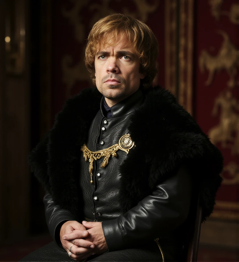 f/2.8 , bokeh,  <lora:tyrion-lannister-flux-t1or4:1.2> t1or4, man, game of thrones style, t1or4 wears a formal robe as a royal advisor, decorated with intricate gold stitching. The fabric is fine black velvet, with a golden belt fastened at the waist. He is seated in a richly decorated room at the Red Keep, with tapestries depicting ancient battles on the walls.