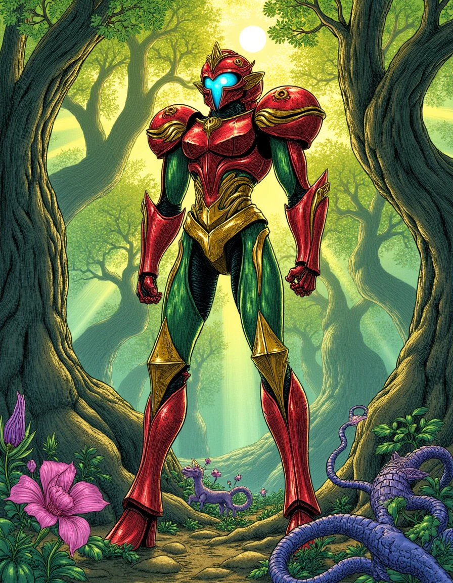 In a vibrant and intricately detailed full-color manga style illustration reminiscent of Kentaro Miura’s artwork, Samus Aran is depicted in a strikingly reimagined medieval fantasy version of her iconic Power Suit. The suit, adorned with ornate engravings and embellished with rich emerald and deep crimson hues, fits her form like a second skin, merging futuristic technology with medieval craftsmanship. Her helmet, featuring an elegant crest, reflects the sunlight filtering through the dense foliage overhead, casting intricate shadows on the ground.

Samus stands in a dynamic pose, one leg confidently forward as if she’s bracing for action, with her arm raised, preparing to unleash an energy blast from her gauntlet. The tension in her stance conveys an air of fierce determination and readiness for battle, her visor glowing with a vivid blue light, hinting at the advanced technology within.

Surrounding her is a lush, enchanted forest teeming with life. Towering trees, their gnarled branches cloaked in vibrant green leaves, create a natural canopy that dappled the ground in patches of golden sunlight. Exotic flowers in hues of purple and pink bloom at her feet, while the faint rustle of leaves and the distant call of fantastical creatures filling the air adds a sense of vibrancy to the scene. The atmosphere is thick with the scent of moist earth and blooming petals, making it feel alive and immersive. The sheer juxtaposition of Samus’s advanced armor against the medieval forest backdrop creates a captivating visual narrative, inviting viewers into a world where technology and nature intertwine.