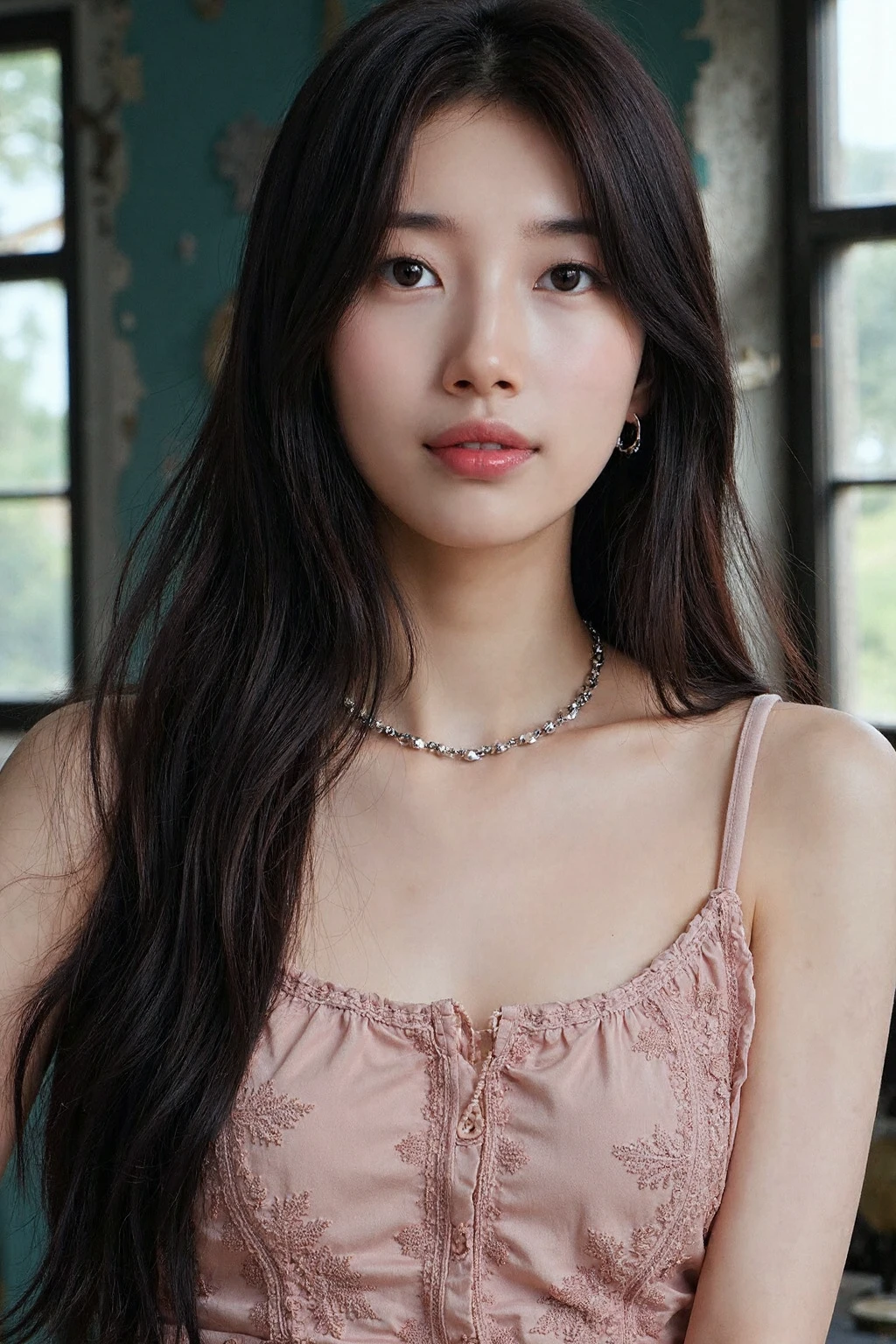 bright photo of beautiful korean girl with long wavy hair wearing bohemian dress, inside a rustic house with windows, necklace, dslr, studio lighting, high quality, film grain, light reflections, blood vessels, pale skin, detailed skin, <lora:flux_realism_lora:1>, <lora:makinaflux_suzy_v1.0:1>