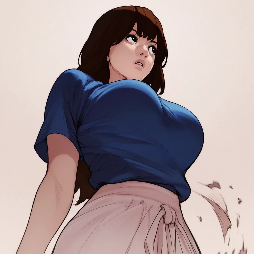 score_9, score_8_up, score_7_up, score_6_up, score_5_up, score_4_up, high quality, high res, great anatomy, good proportions, dynamic pose, 1girl, solo, mirakim, brown hair, black eyes, large breasts, long hair, bangs, looking away, parted lips, from below, blue shirt, breast focus