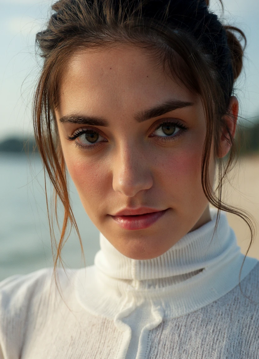 A close up portrait of a woman named 4m3l13. 
The tranquil beach stretches out before her, with gentle waves lapping at the shore. 
A skeptical look crosses her features, full of doubt and question.
Her dramatic cut crease eyeshadow features sharp lines and contrasting colors. 
She’s dressed in a sleek fencing outfit with a mask, looking poised for competition.  her outfit is sexy and revealing, showing her naked skin.