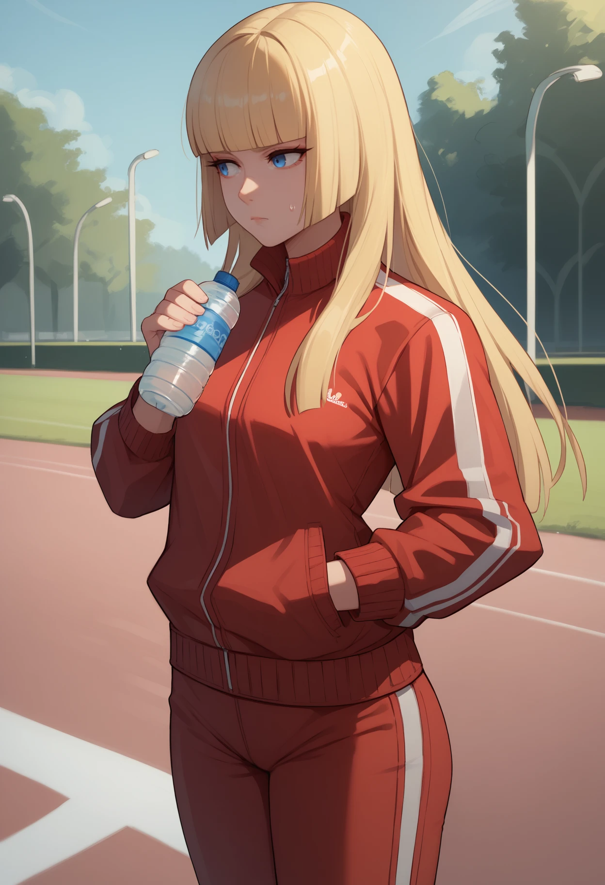 score_9, score_8_up, score_7_up, <break> solo, 1girl, emilieog, sweat, expressionless, looking away, holding water bottle, long hair, blonde hair, blunt bangs, hime cut, blue eyes, track suit, red jacket, track jacket, red pants, outdoors, park
<segment:yolo-face_yolov8m.pt,0.4,0.5//cid=1>