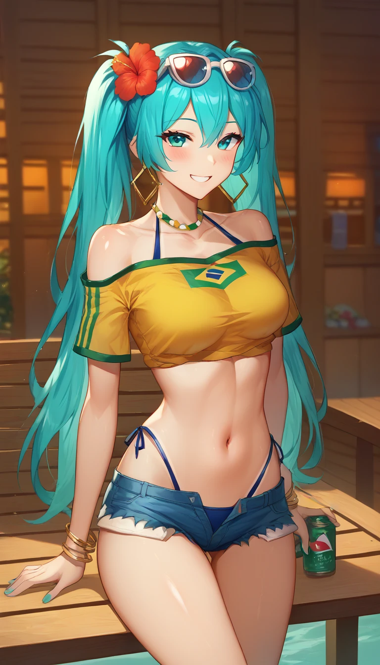 score_9,score_8_up,score_7_up,score_6_up BREAK official art,solo,outdoors,upper body,(portrait:1.5),looking at viewer,facing viewer,smile,blush,Brazilian Miku,hatsune miku,bikini tan,tanlines,shiny skin,very long hair,aqua hair,twintails,eyewear on head,sunglasses,hair ornament,hair flower,red flower,hibiscus,hoop earrings,parted bangs,hair between eyes,aqua eyes,collarbone,bead necklace,off-shoulder shirt,yellow shirt,short sleeves,halterneck,highleg bikini,string bikini,blue bikini,bikini under clothes,jewelry,bangle,aqua nails,medium breasts,crop top overhang,navel,denim shorts,short shorts,open fly,groin,thighs,thigh gap,sandals,<lora:Brazilian Miku(voc)-Pony:1.8>,