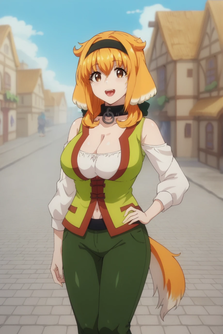 score_9, score_8_up, score_7_up, score_6_up, score_5_up, score_4_up, BREAK source_anime, 1girl, solo,
<lora:RoxanneXL-v1-07:0.8>, ChopioRoxanne, orange hair, short hair with long locks, hair between eyes, dog ears, floppy ears, brown eyes, black hairband, looking at viewer,
fantasy, large breasts, cleavage, shiny skin,
outfit_1, collar, green vest, white blouse, off shoulder, navel, black belt, dark green pants, dog tail,
outdoors, town, cobblestone, blue sky, sunny, hand on hip, smile, open mouth, teeth, tongue, full body, sandals, cowboy shot,