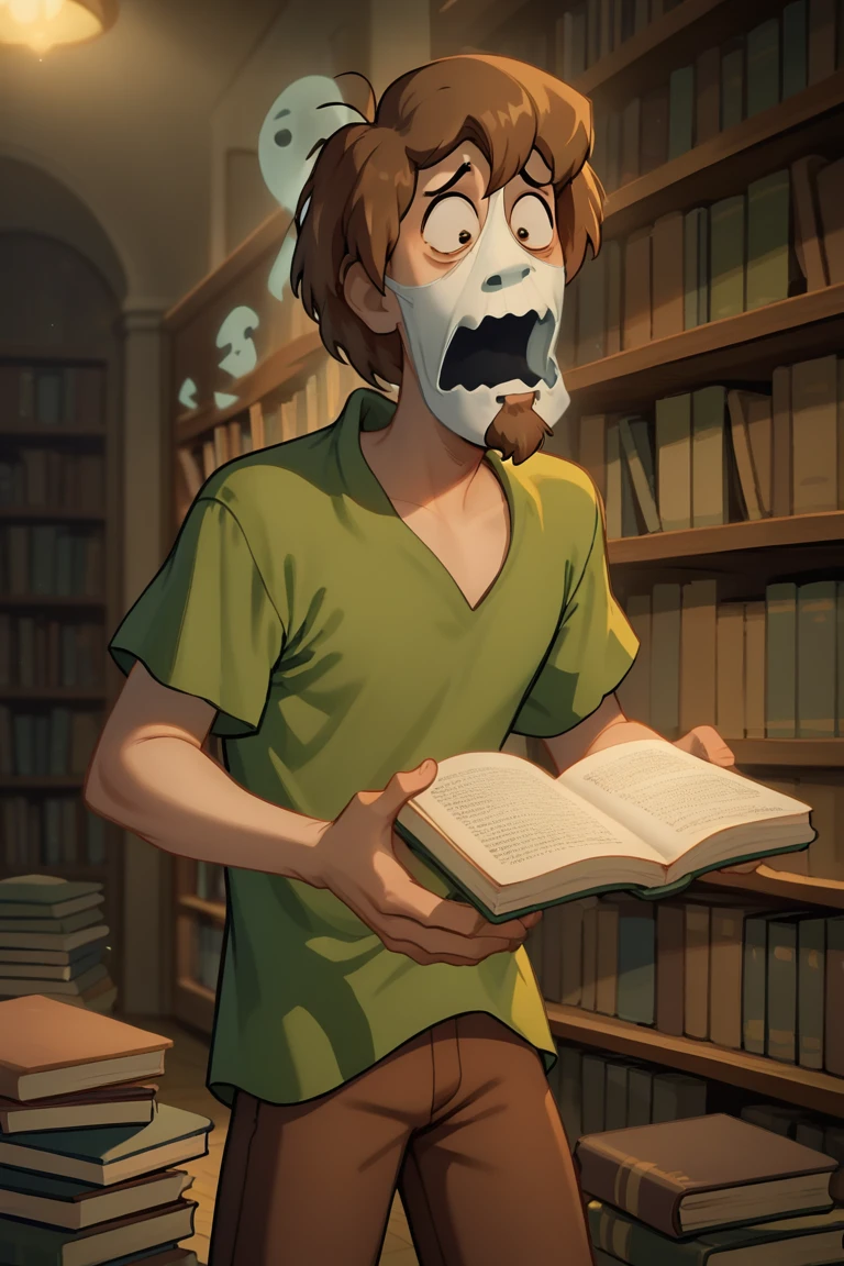 score_9, score_8_up, score_7_up, ShaggyRogers,2boys, goatee, brown hair, brown pants, green shirt, solo, holding book, scared, library, bookshelves, dim lighting,   , ghosts,ghostface mask