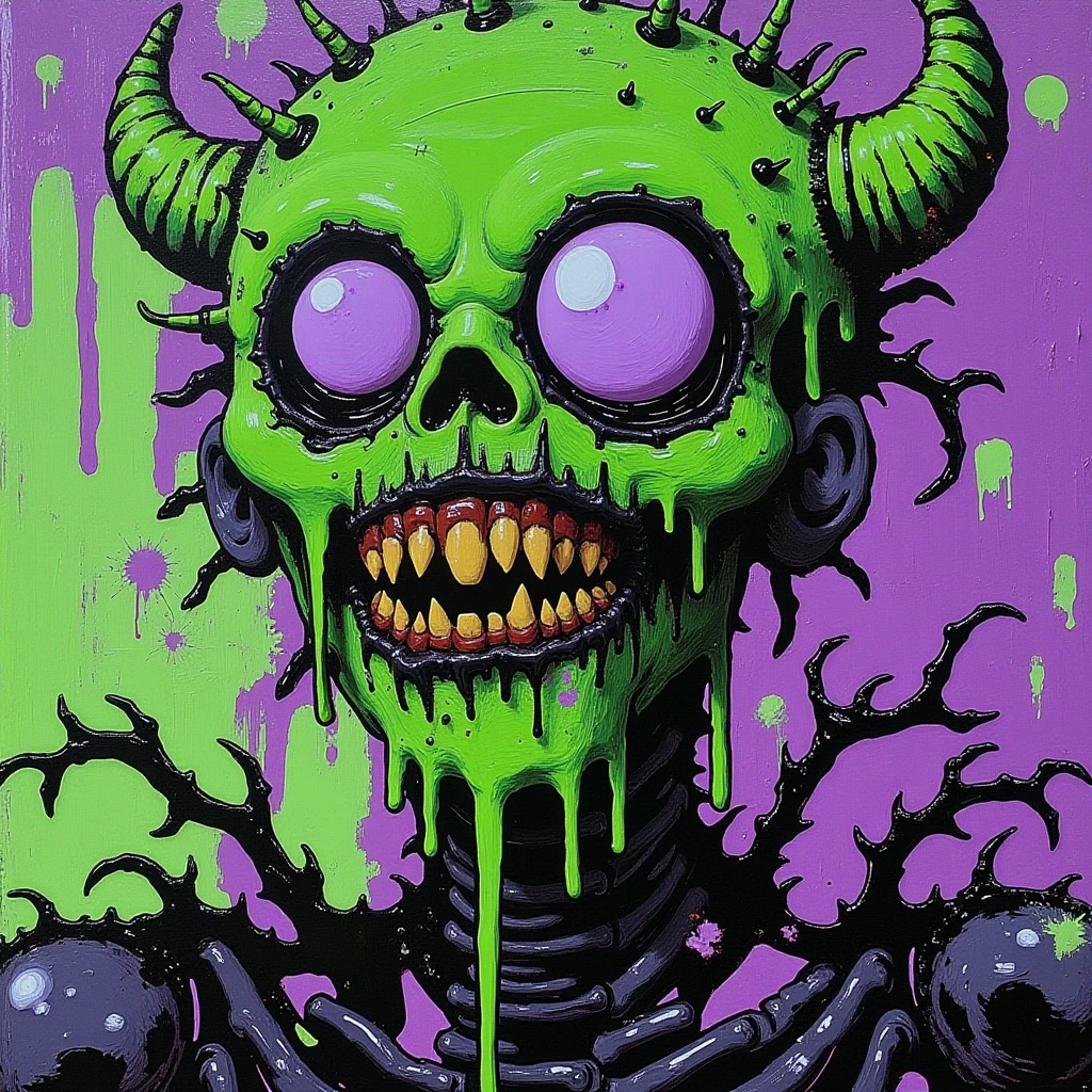 toxic street trash, street art, cybernetic demon, green, purple, black