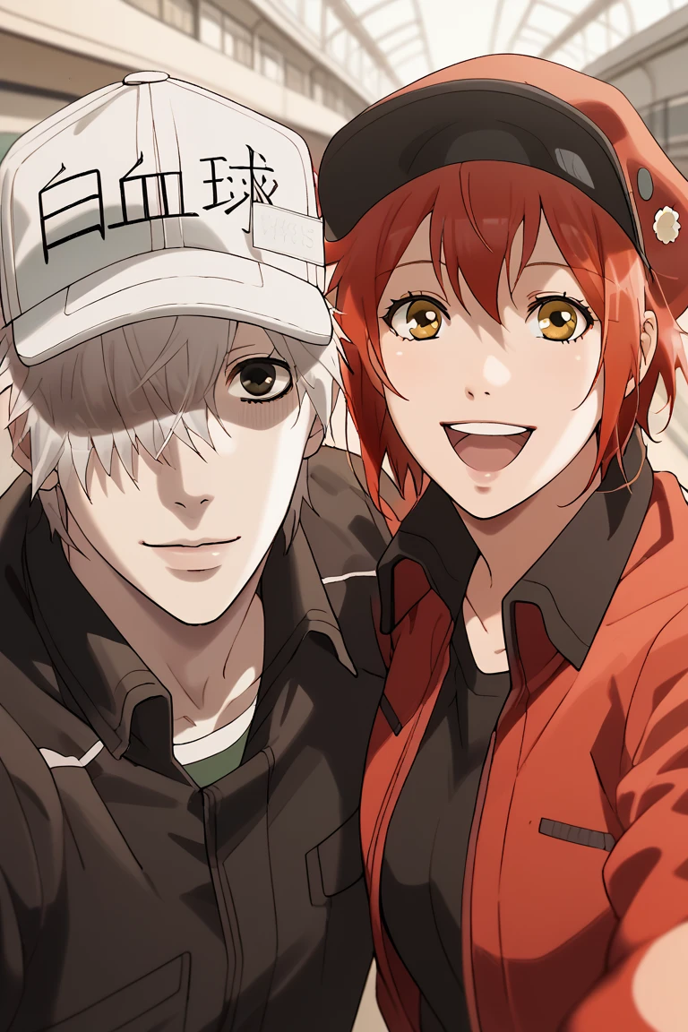 score_9, score_8_up, score_7_up, source_anime, rating_safe, natural lighting, couple focus, selfie, looking at viewer, NeuCAW, white_Neu_hair, black eyes, wide smile, 1boy, RbcCAW, red_Rbc_female hair, yellow eyes, cabbie hat, open mouth, happy, 1girl, intricately detailed illustration, hetero, depth of field, atmospheric perspective