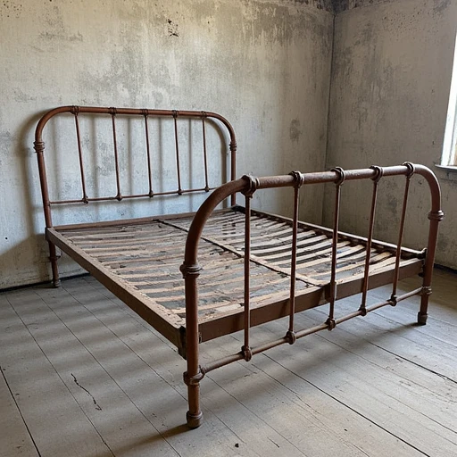 Bare iron bed, rusty patina, abandoned in a derelict and otherwise empty Victorian bedroom with peeling wallpaper and crumbling plaster and bare dusty floorboards