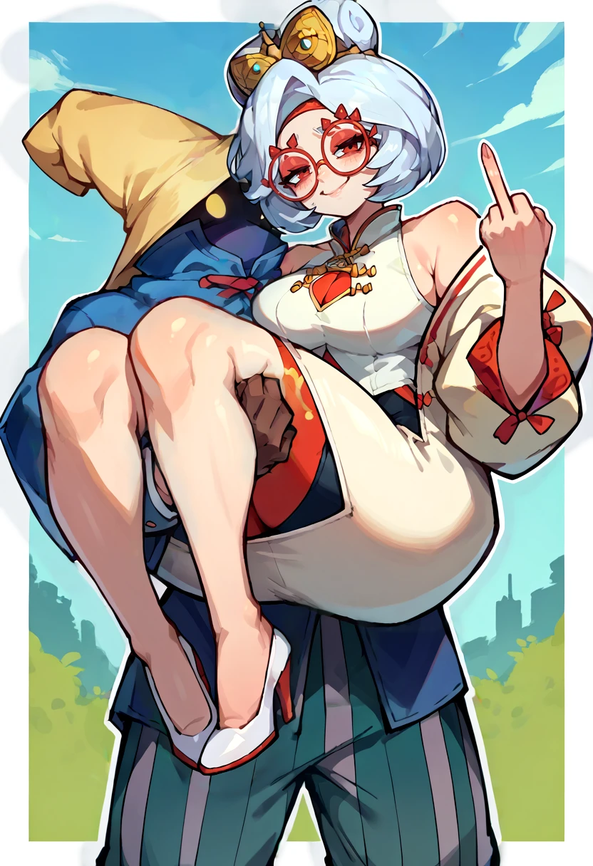 score_9, score_8_up, score_7_up, source_anime, 1boy, 1girl,  looking at viewer, princess carry, BREAK <lora:Ziggy-pdxl_Fp:0.8>, ziggy, yellow eyes, shaded face, faceless, no mouth, wizard hat, striped pants, blue cloak, robe, brown gloves, long sleeves, BREAK <lora:purah-pdxl-nvwls-v1:1>, purah, hair ornament, red headband, red glasses, sleeveless shirt, white coat, black skirt, red leggings, high heels, smug, middle finger,