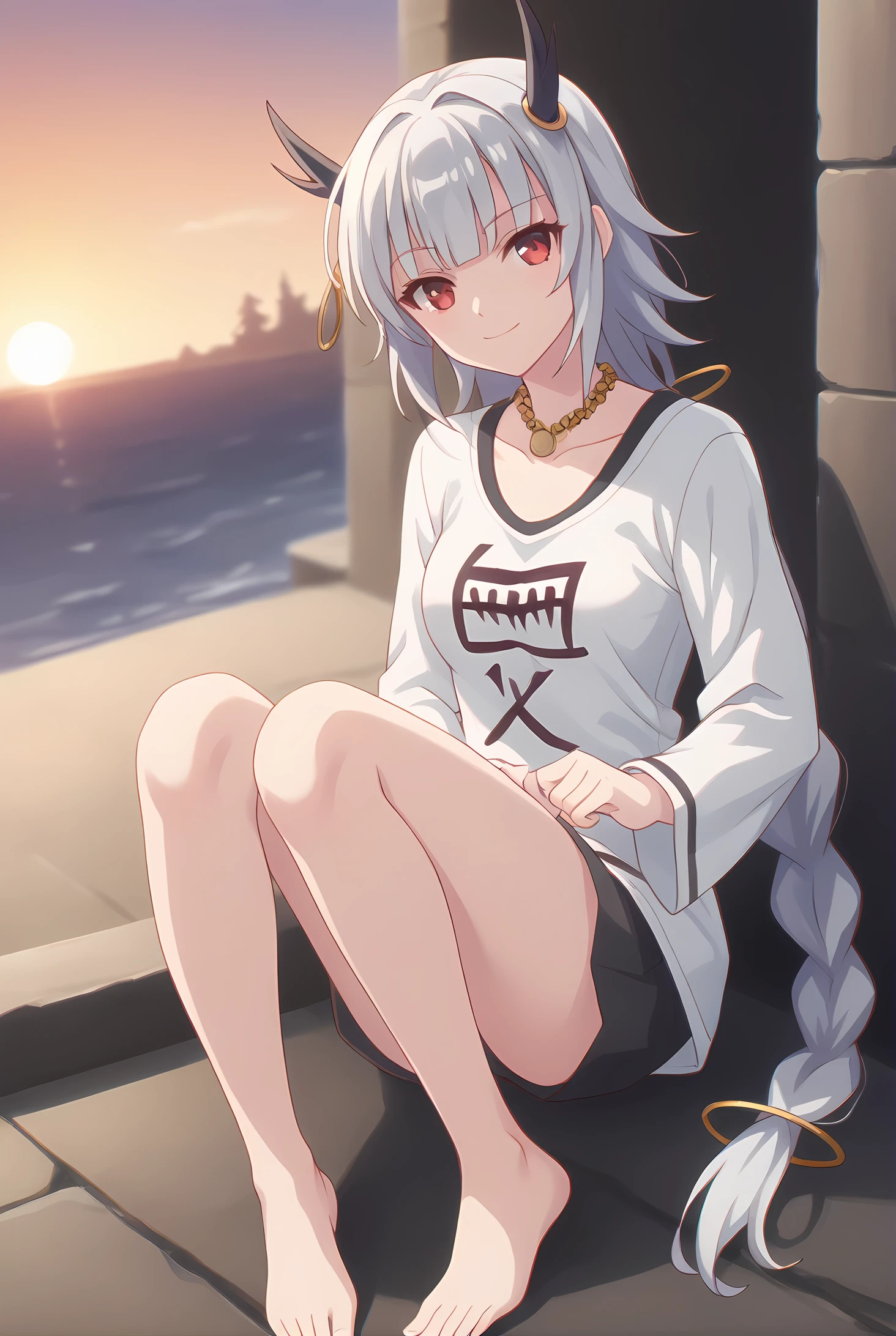 (casual clothes:1.20), gg-ouroboros, silver hair, black horns, long braid, red eyes, jewelry, necklace, medium breasts, 1girl, solo, skinny, score_9, score_8_up, score_8, score_7_up, score_7, score_6_up, score_6, score_5_up, score_5, source_anime, light smile, sunset outdoors, (1.3::full body|0.3::sitting|0.4::standing|0.4::lying|straight-on|0.6::close-up| :1.20), feet, <lora:gg-ouroboros-V01-000004:0.90>