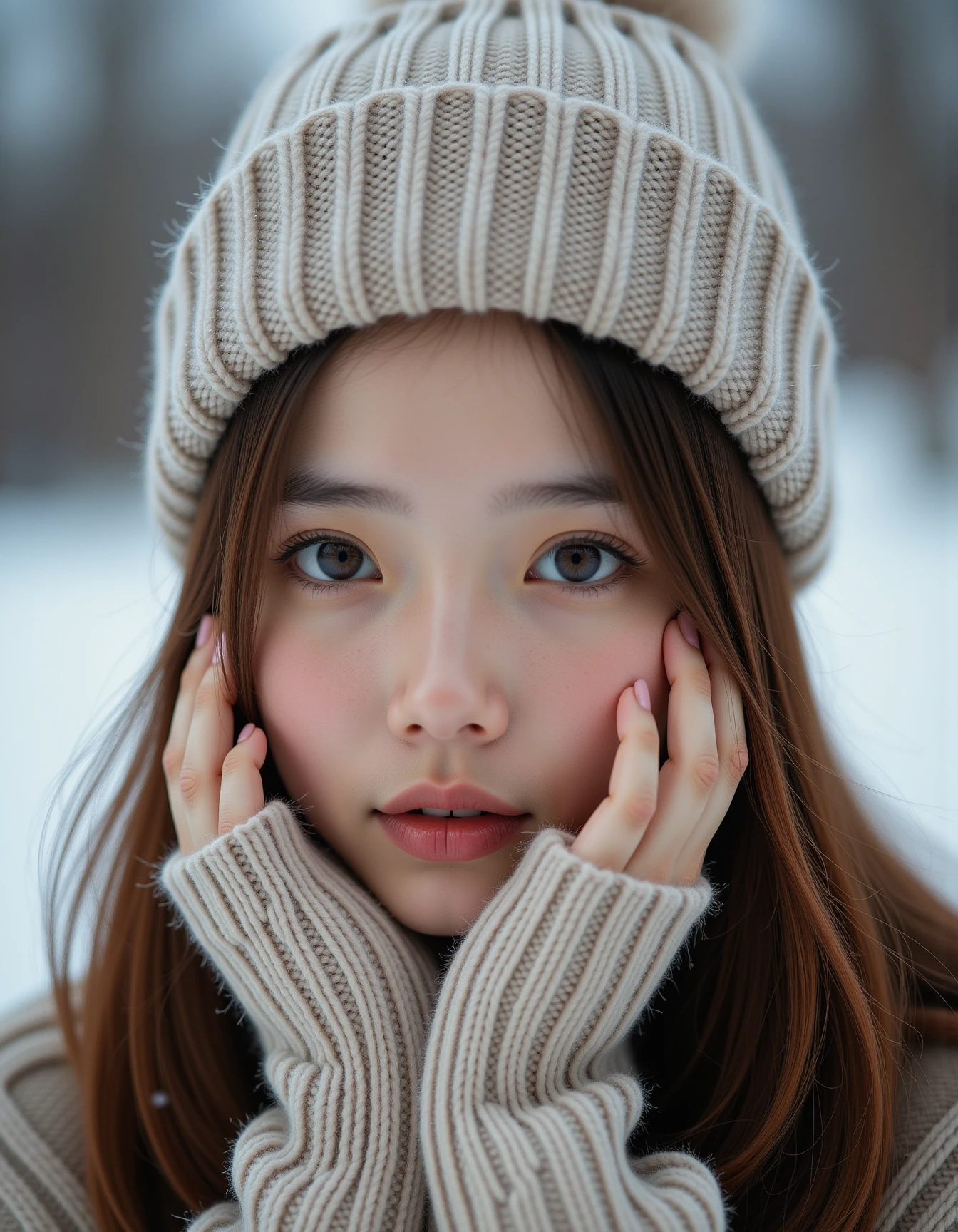 analogue photo of adult girl in sweater and sweater hat, looking at viewer, long hair, head shot, hold cheeks with hands, close-up, extremely beautiful detailed face, medium breasts, (cute face, temptations look), eye level,professional photo, high contrast exposure, soft bokeh, high key light, hard shadow, soft bokeh, snowing, snowing background, <lora:hinaFluxJPOPLokr_v1-rev3:0.9>