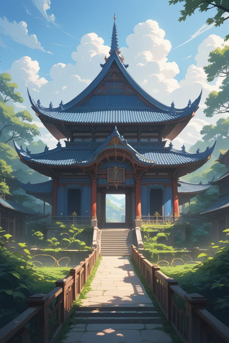 score_9, score_8_up, score_7_up, source_anime, rating_safe, natural lighting, building focus, Datemple, blue temple, excessive vines, intricately detailed illustration, long shot, negative space, scenery, fantasy