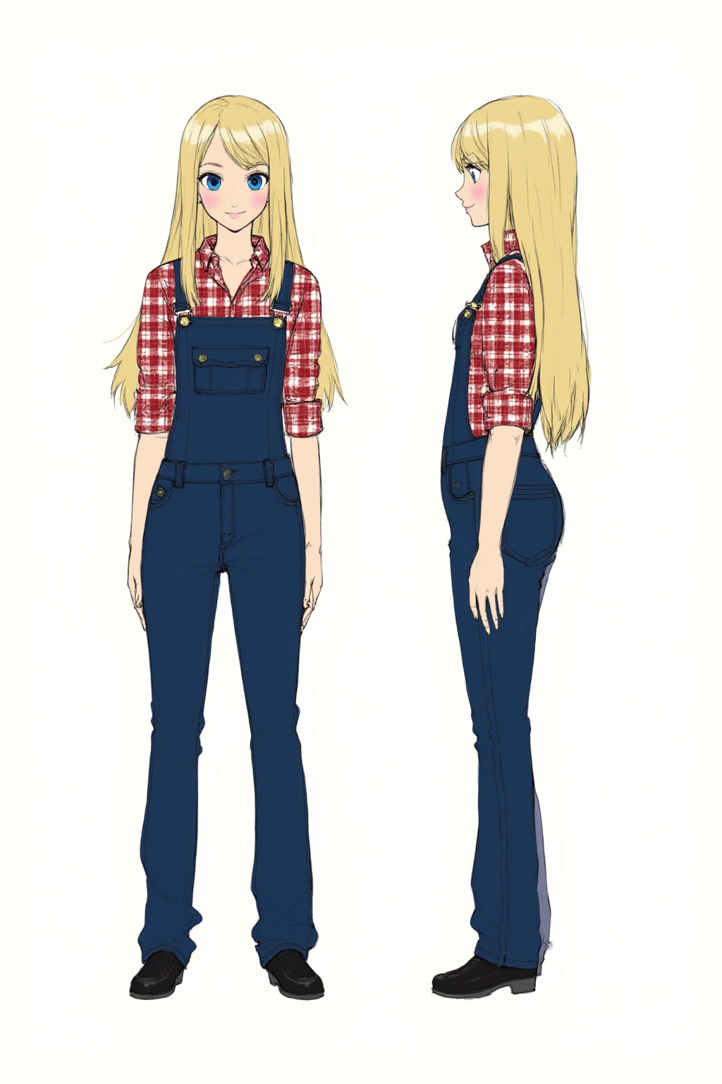 the full-body character design of a female,  a young woman with expressive blue eyes and long, straight blonde hair. The woman is depicted in a cheerful and friendly manner, with a slight smile on her face.   She is dressed in a red and white checkered plaid shirt, worn over a pair of blue denim overalls. The overalls have a simple design with no additional embellishments or pockets. Her shirt sleeves are rolled up to her elbows, and she is wearing black shoes with a simple design. The girl's overall appearance is innocent, with a slight blush on her cheeks.   simple background, white background,