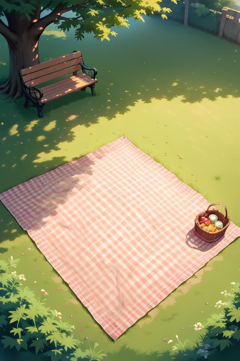 score_9, score_8_up, score_7_up, source_anime, rating_explicit, natural lighting, outdoors-park focus, Park_picnic blanket, Park_picnic basket, brown_Park_bench, brown-green_Park_tree, intricately detailed illustration, Candipark, from above, negative space