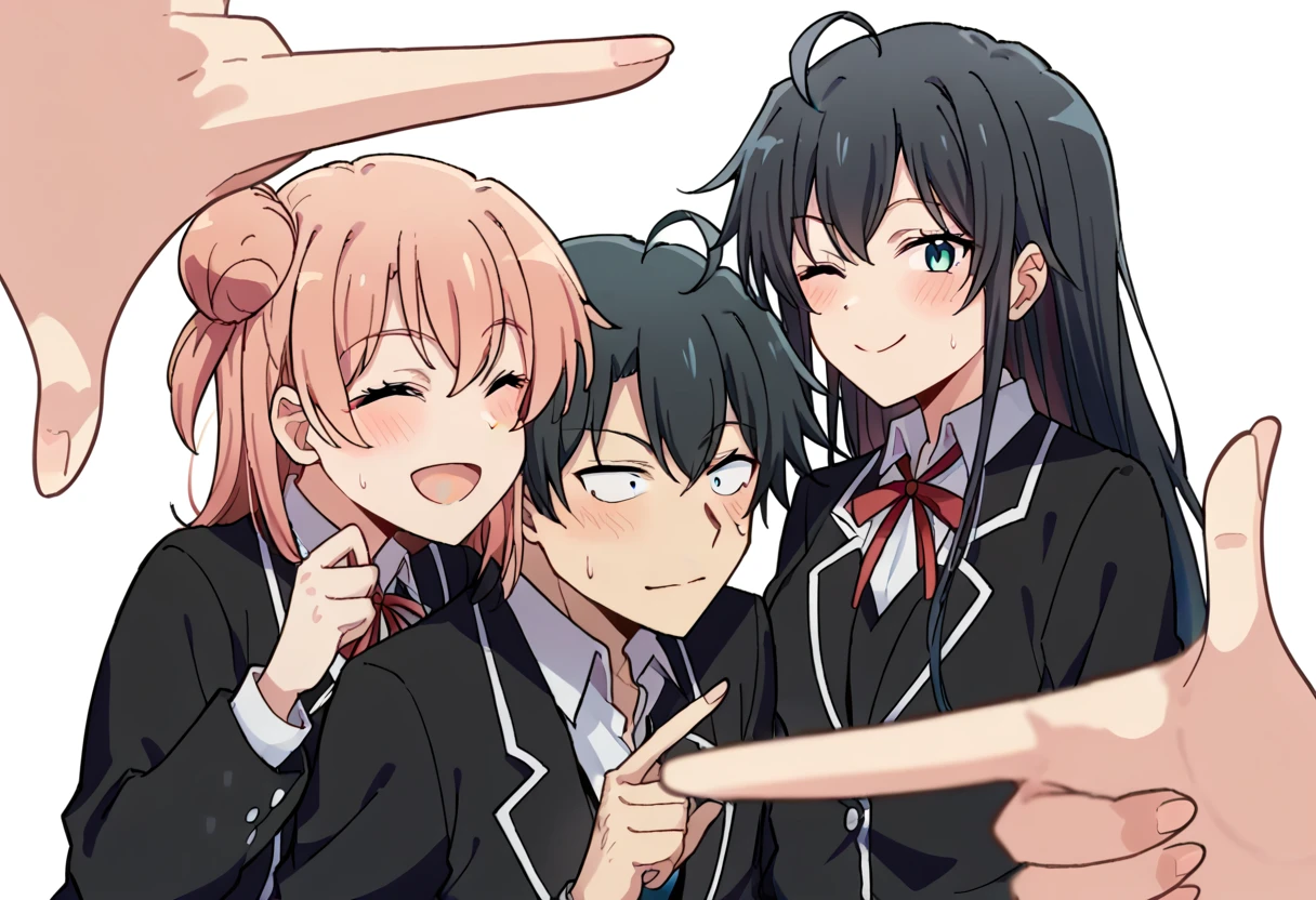 score_9, score_8_up, score_7_up, source anime, finger frame, pov hands, finger gun, (hikigaya hachiman1.2), isshiki iroha, yuigahama yui, (yukinoshita yukino:1.2), red hayao, 1boy, 3girls, ;d, ahoge, black eyes, black hair, black jacket, blazer, blue eyes, blush, brown hair, closed eyes, closed mouth, collared shirt, hair bun, hair ribbon, hug, jacket, long hair, long sleeves, medium hair, multiple girls, neck ribbon, one eye closed, open clothes, open jacket, open mouth, pink hair, red ribbon, ribbon, school uniform, shirt, short hair, sidelocks, simple background, single side bun, smile, sobu high school uniform, sweatdrop, upper body, white background, white shirt,