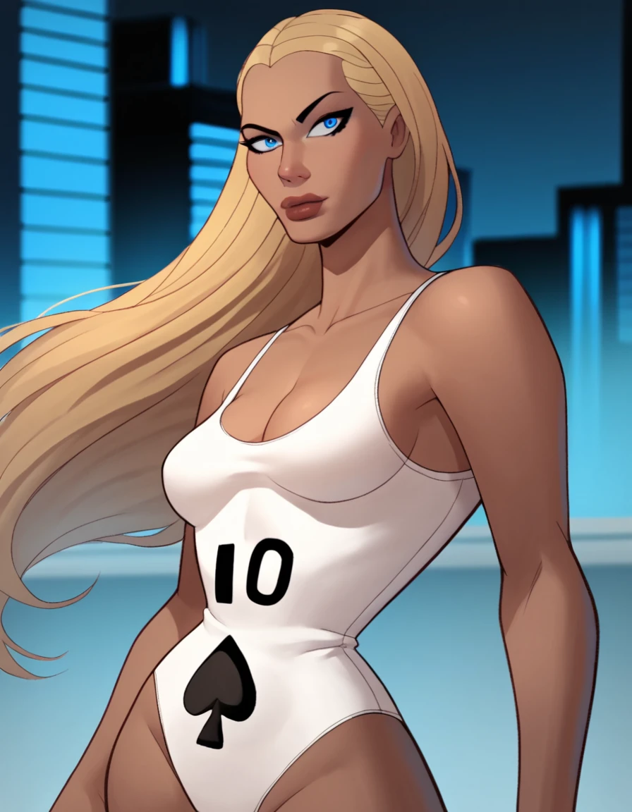 <lora:10JL1.1Pony:0.9> tenjl, 1girl, blonde hair, solo, long hair, white one-piece swimsuit, breasts, blue eyes, cleavage, lips, spade \(shape\), ten, score_9, score_8_up, score_7_up, score_6_up, score_5_up, score_4_up, city, skyscraper,
