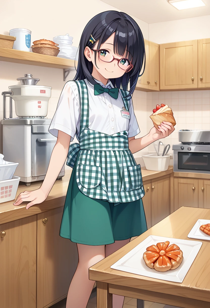 score_9, score_8_up, score_7_up, rating_safe, masterpiece, best quality, absurdres, unity 8k wallpaper, official art, official style, source_anime, uncensored, game cg, megami magazine,
1girl, solo, glasses, KSU, black hair, shirt, apron, indoors, white shirt, blurry, food, blurry foreground, holding, collared shirt, plaid, standing, short sleeves, skirt, gingham apron, gingham, green skirt, green bowtie, happy, smile, 
 <lora:koberya_stazzo_PONY_V1:1>