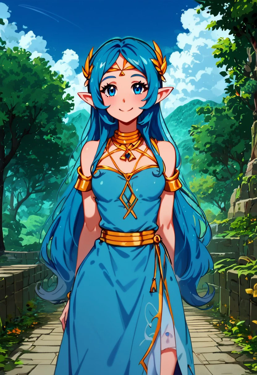 score_9, score_8_up, score_8, medium breasts, (curvy), cute, eyelashes,
BREAK,
,,,
zzNayru, blue eyes, blue hair, bare shoulders, jewelry, very long hair, blue dress, elf, circlet,
,,,
BREAK,
smile, looking at viewer, cowboy shot, outdoors, sunny day, sky, day, cloud, tree, blue sky, sunny,
Expressiveh,