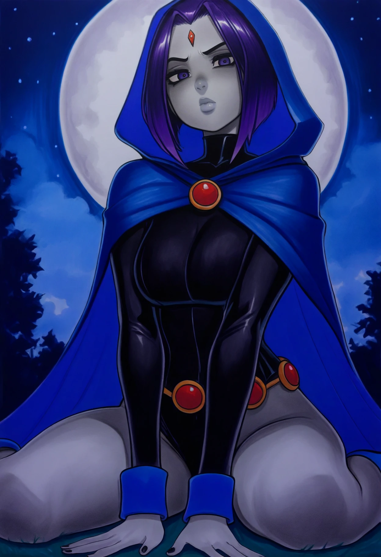 omardogan, marker \(medium\), traditional media,
best quality, amazing quality, very aesthetic, absurdres,
1girl, solo, breasts, raven \(dc\), cloak, grey skin, thighs, outdoors, night sky, night, black leotard, long sleeves, purple hair, belt, wariza, sitting, looking at viewer    <lora:OmarDoganIllustriousXL_byKonan:1>