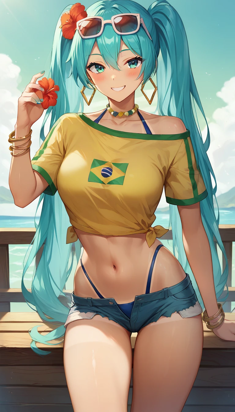 score_9,score_8_up,score_7_up,score_6_up BREAK official art,solo,outdoors,cowboy shot,looking at viewer,facing viewer,smile,blush,Brazilian Miku,hatsune miku,bikini tan,tanlines,shiny skin,very long hair,aqua hair,twintails,eyewear on head,sunglasses,hair ornament,hair flower,red flower,hibiscus,hoop earrings,parted bangs,hair between eyes,aqua eyes,collarbone,bead necklace,off-shoulder shirt,yellow shirt,short sleeves,halterneck,highleg bikini,string bikini,blue bikini,bikini under clothes,jewelry,bangle,aqua nails,medium breasts,crop top overhang,navel,denim shorts,short shorts,open fly,groin,thighs,thigh gap,sandals,<lora:Brazilian Miku(voc)-Pony:1.6>,