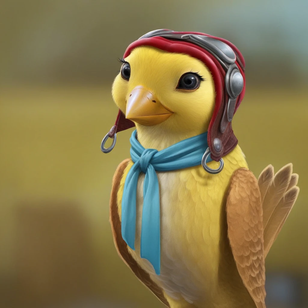 Solo, 1girl, Avían, yellow Canary, black eyes, beak, yellow feathers, leather aviator helmet, googles, blue scarf, blurred background, realistic