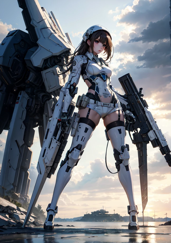 realistic.dramatic light,<lora:4444:0.7>,132stlye, 1girl, bangs, black thighhighs, brown hair,  cloud, helmet, holding, long hair, mecha musume, night,  scenery, shorts, solo, standing, thighhighs, weapon, white bikini, white bodysuit,perfect composition, moist skin, intricate details, masterpiece, best quality, wallpaper, ultra-detailed,
Soft Illumination, Gentle Shading, Subtle Depth,Sharp picture 4k,colorful pictures