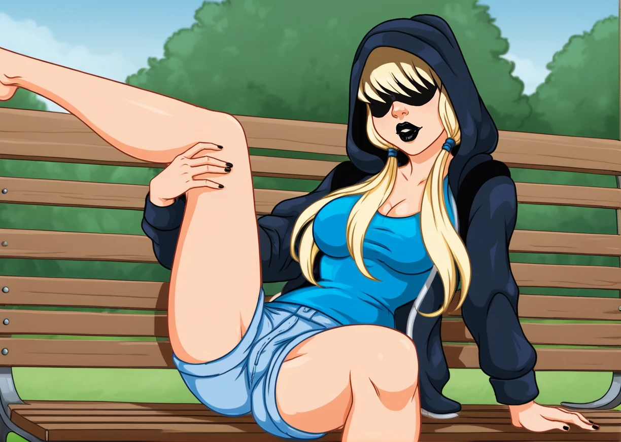 1girl, <lora:ResistanceGirl:0.9>, ResistanceGirl, solo, low twintails, blonde hair, black lips, lipstick, shorts, hoodie, hood, (blue tanktop), eyepatch, outdoors, in park, looking at viewer, breasts, sexy pose, from below, focus girl, depth of field, looking at viewer, sitting on bench, legs spread, leg up, butt, lips parted