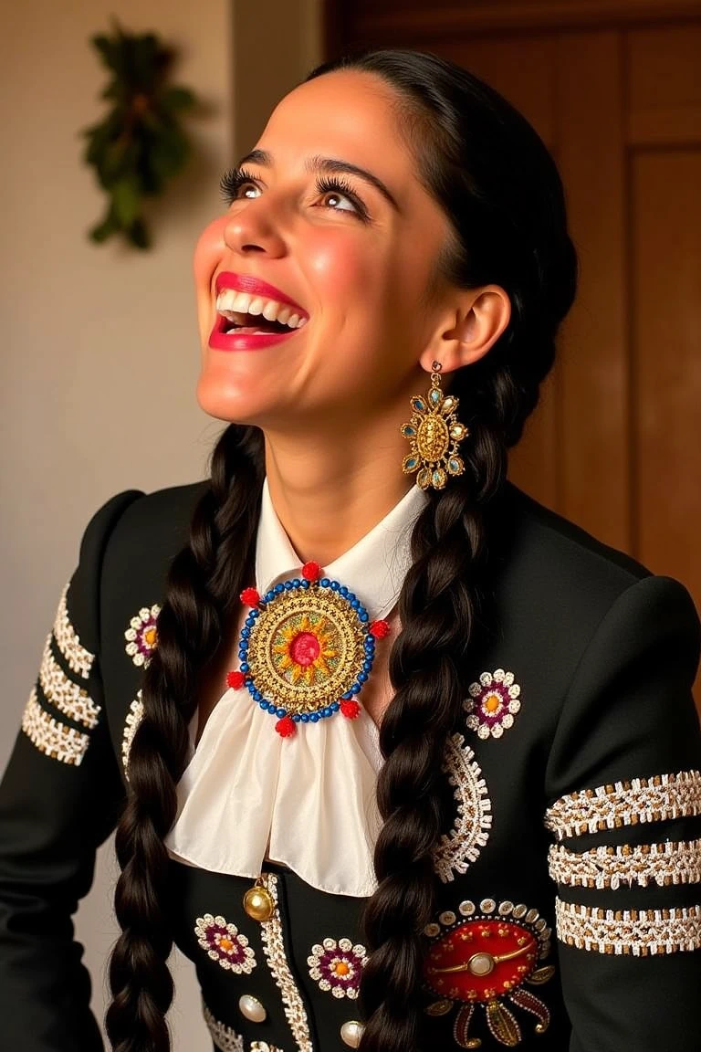 Close-up of Ana Claudia Talancon wearing a Mexican mariachi suit, smiling and looking at the people while singing a Mexican song. She has twin braids and a beautiful Mexican necklace, adding to her vibrant and authentic appearance. The scene is bathed in warm, natural light, highlighting her radiant smile and expressive eyes. Ana Claudia's pose captures the essence of a spirited and engaging musical performance, embodying the rich cultural heritage of mariachi music.