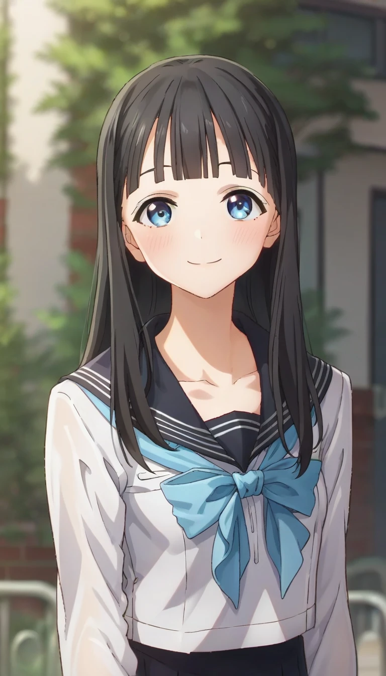 score_9,score_8_up,score_7_up,score_6_up BREAK official art,solo,outdoors,upper body,(portrait:1.5),looking at viewer,facing viewer,smile,blush,Komichi Akebi,long hair,black hair,straight hair,blunt bangs,blue eyes,collarbone,school uniform,black sailor collar,blue bowtie,blue neckerchief,white shirt,long sleeves,black skirt,medium skirt,pleated skirt,black socks,loafers,brown footwear,<lora:Komichi Akebi(asu)-Pony:1.4>,