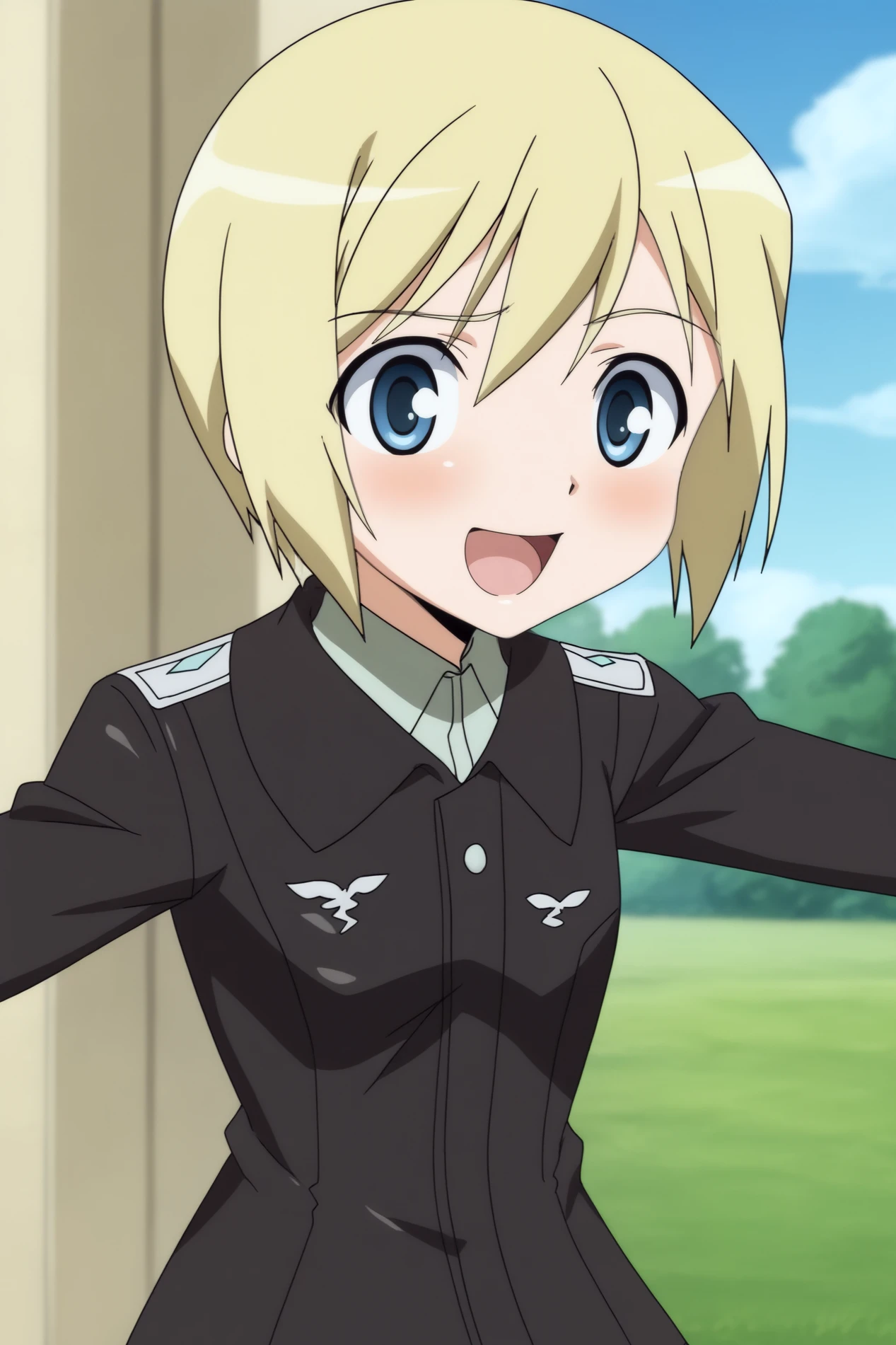 solo, 1girl, looking at viewer, 2D, anime, anime coloring, upper body, (simple background, solid white background:1.3), <lora:erica-strikewitches:0.8>, erica hartmann, uniform, smile