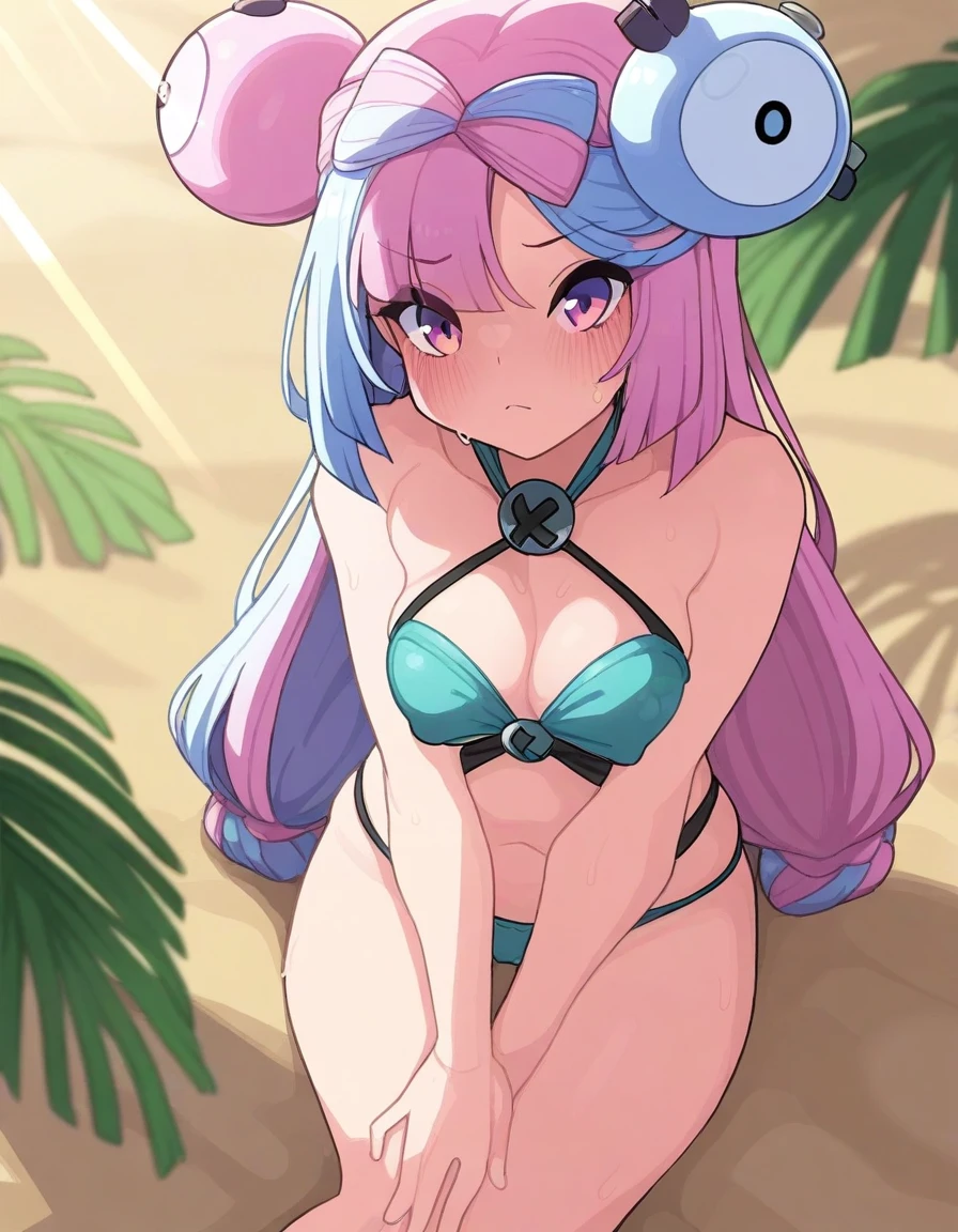 (Highest quality,4K,High resolution,masterpiece:1.2),Ultra-detailed,Physically Based Rendering,Towa Tokoyami,Beautiful and fine details,Beautifully detailed lips,Highly detailed eyes and face,Long eyelashes,anime,Swimwear,Succubus Tail,Cute smile,Tropical Beach,Clear blue sky,Sandy Beach,Palm tree,sparkling sea,Soft golden sunshine,Bright color penumbra,Gentle Light,Faint shadows,Breeze,Crystal clear water,Smooth and shiny hair,Playful expressions,Fun atmosphere