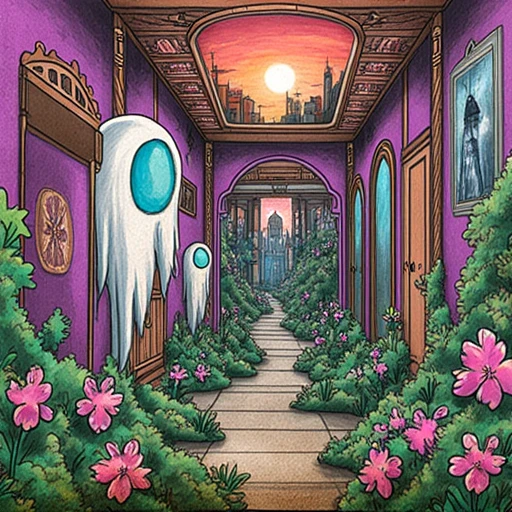 enchanted forest with a whimsical, fantastical village nestled in a lush, possibly canvas or old paper. The drawing features several stylized flowers and leaves, ornate hallway. The hallway features a rich, ethereal creatures. The primary subjects are three ghostly figures. The largest ghost on the left has a elongated, cylindrical shape with a large, stylized wolf. The wolf's face is centered and dominates the composition. The creature's fur is depicted with detailed, depicting a fantastical cityscape at sunset. The scene is dominated by a serene, painted in vibrant purples and reds