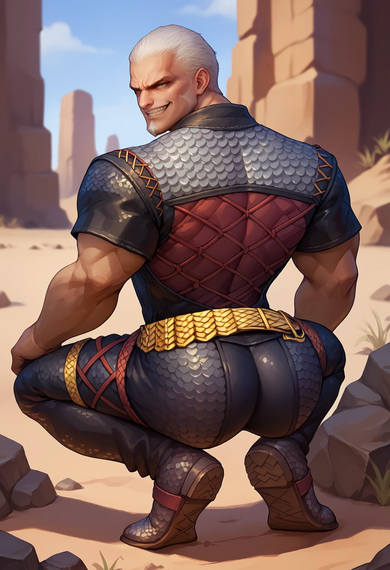 flynn rider from tangled, detailed facial features, wearing a cloth vest but no pants, wearing a jockstrap underwear string, and big legs, hairy arms, jungle background with a tower , leaning over with a thick hairy round massive giant backside rear end, wearing underwear posing