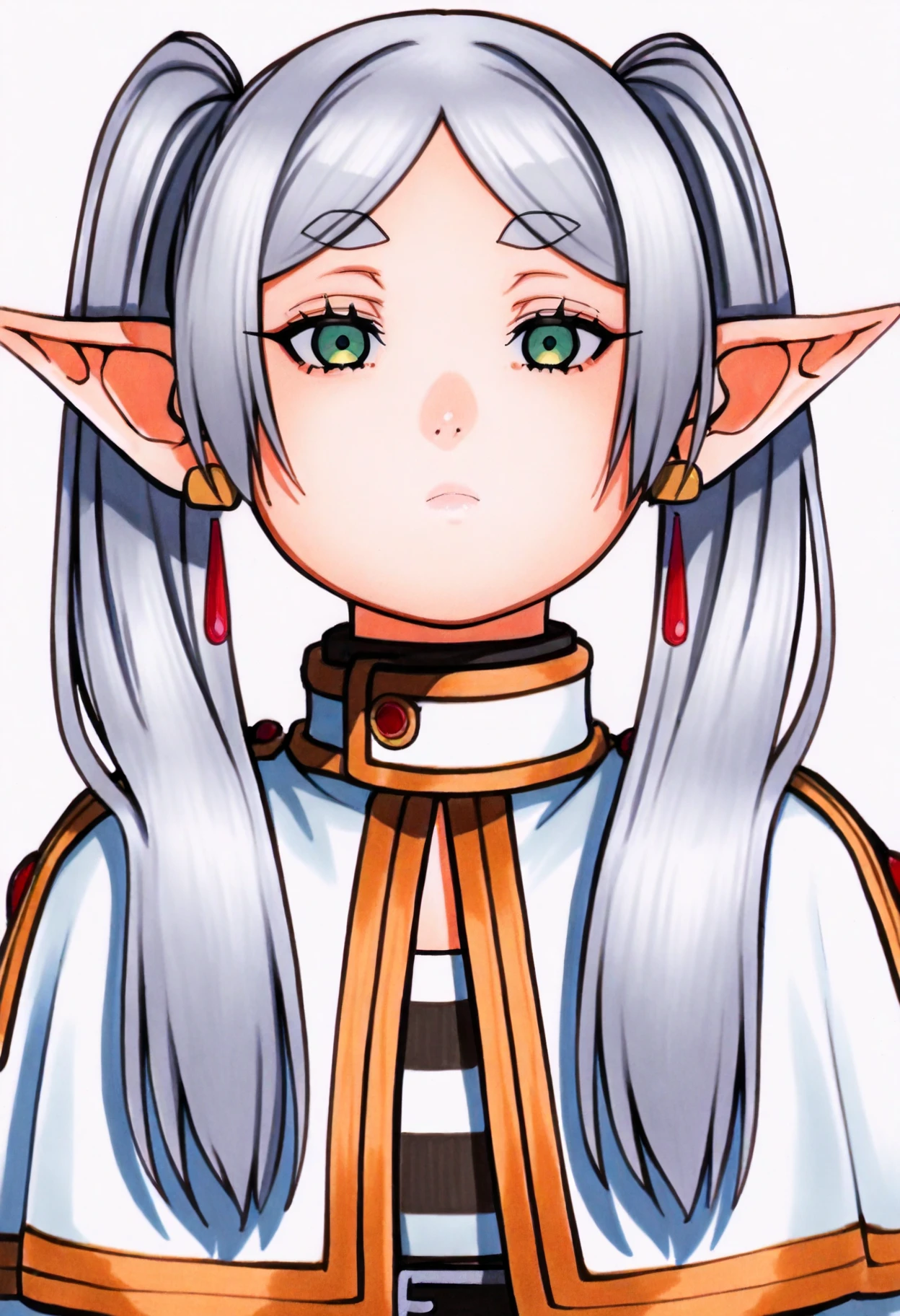 omardogan, marker \(medium\), traditional media,
best quality, amazing quality, very aesthetic, absurdres,
1girl, frieren, green eyes, grey hair, twintails, pointy ears, eyebrows, white capelet with long sleeves, earrings, solo, expressionless, upper body, looking at viewer, white background   <lora:OmarDoganIllustriousXL_byKonan:1>  <lora:FrierenIllustriousXL_byKonan:1>