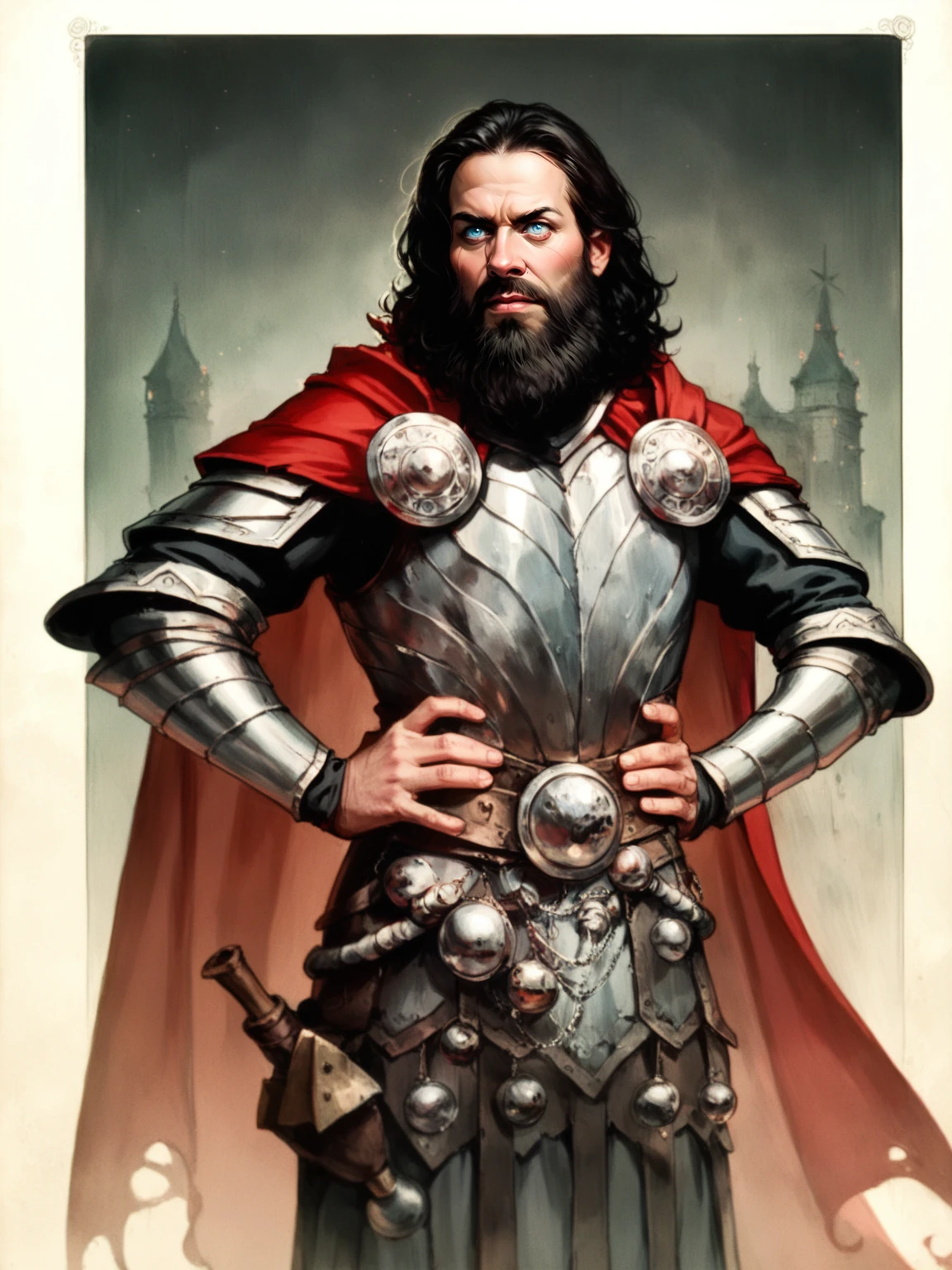 big strong slavic man in ornate heavy armor, black hair, multicolored beard, blue eyes, red cape, hands on hips, night, realistic <lora:sxz-Slavic-Fantasy-pdxl:0.75>, BREAK, score_8_up, score_7_up