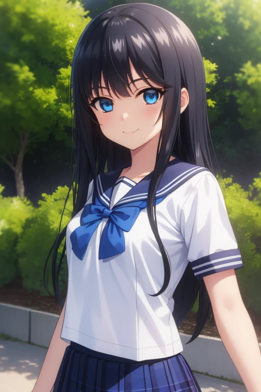 ((masterpiece)),(best quality),official art,extremely delicate and beautiful,extremely detailed CG,unity 8k wallpaper,ultra detailed,beautiful detailed eyes,extremely detailed face,outdoors,1girl,solo,upper body,looking at viewer,facing viewer,smile,blush,Minamiya Natsuki,very long hair,black hair,sidelocks,bangs,blue eyes,school uniform,serafuku,blue sailor collar,blue bowtie,blue ribbon,white shirt,short sleeves,medium breasts,miniskirt,blue skirt,pleated skirt,plaid skirt,black thighhighs,zettai ryouiki,loafers,<lora:Minamiya Natsuki-Remake(bstb):1.2>,