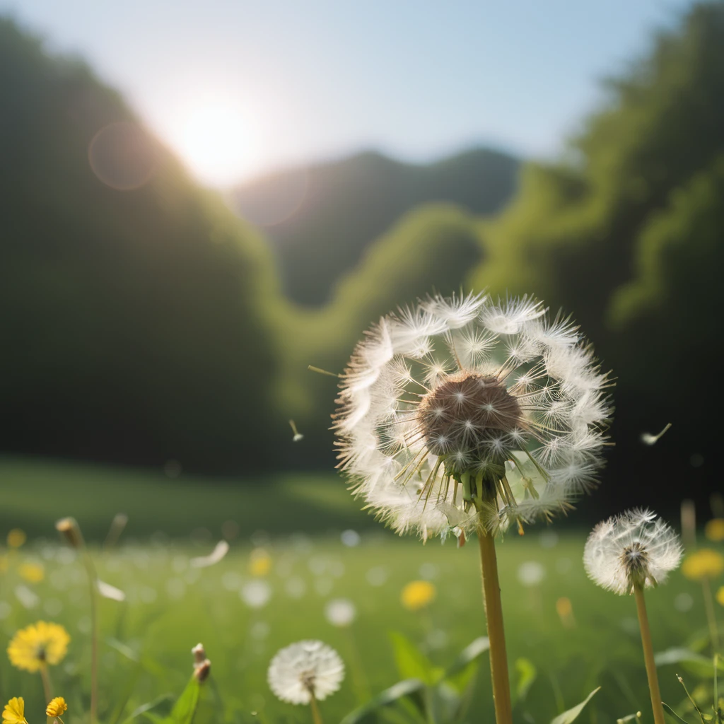 <lora:Pony dandelion-000001:1>,dandelion,
score_9,score_8_up,score_7_up,
This is a photographic print,a close-up photo of a dandelion in a meadow,with the setting sun illuminating the edges of the dandelion,from below,