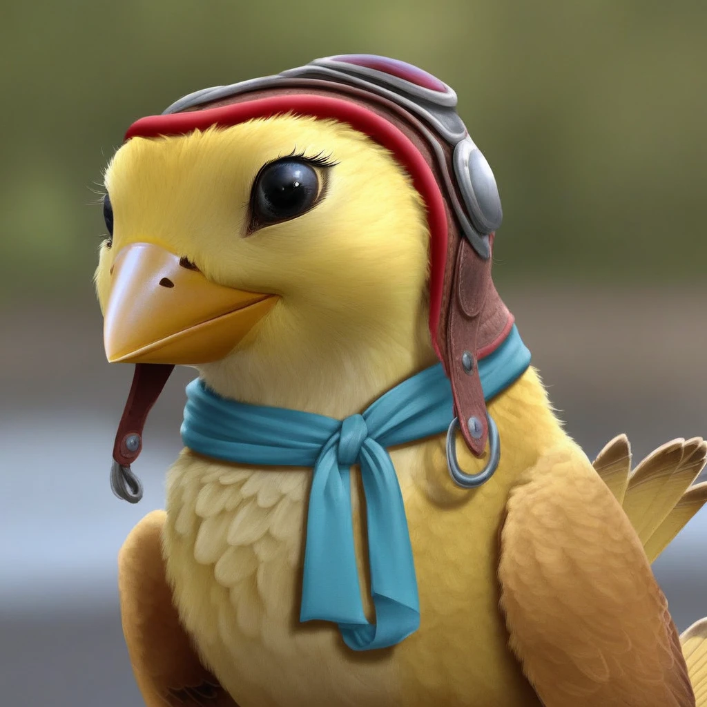 Solo, 1girl, Avían, yellow Canary, black eyes, beak, yellow feathers, leather aviator helmet, googles, blue scarf, blurred background, realistic