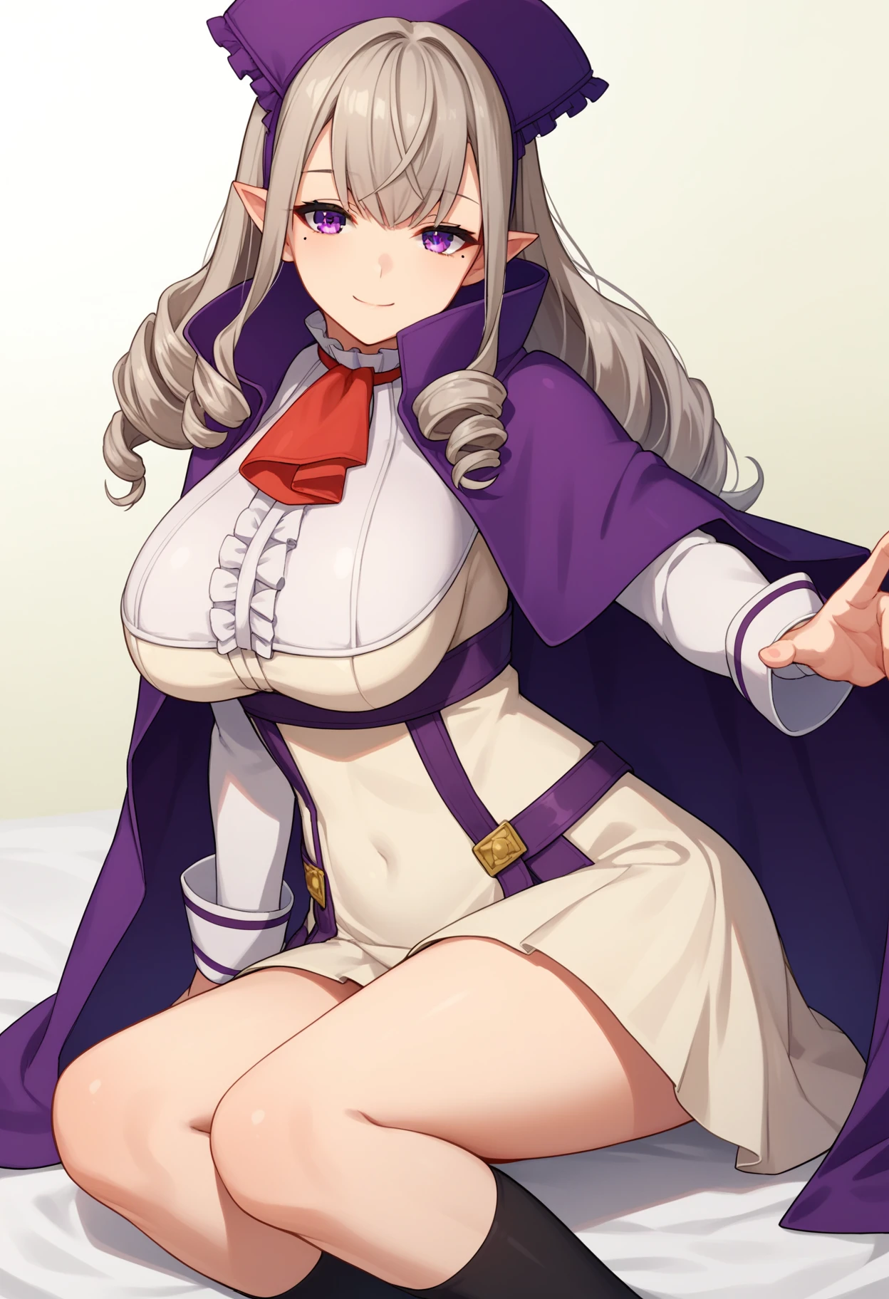 score_9, score_8_up, score_7_up, source_anime, 
BREAK
1girl, solo,  
<lora:shiSophiaV1:0.9>, shiphiadef, grey hair, long hair, purple eyes, drill hair, mole under eye, pointy ears, 
cape, dress, long sleeves, hat, ascot, white skirt, kneehighs, black socks, 
large breasts, 
looking at viewer, smile,