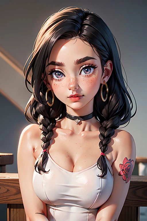one girl, solo, (open stomach, bare stomach:1.3), slender body, fit body, (upper body, bust:1.2), (black eyes:1.3), black hair, (two cute braids:1.2), masterpiece, highly detailed, look at viewer, front view, (small breasts, tiny breasts, male chest, exposed breasts, deep cleavage:1.5), (transparent white t-shirt, wet t-shirt, choker:1.4), (studio lights, blured background, glowing edges of image, shiny blured background, gradient sprayed background, colorful background:1.3), expressing joy, (nipples:1.1)