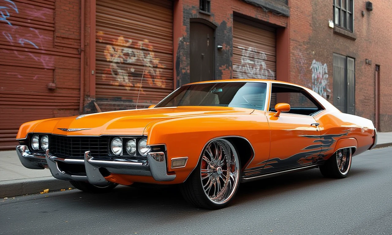 a photo of a 1970 Buick Riviera,at the City Alleyway â Narrow urban paths with unique graffiti and textures on brick walls.,This is a highly detailed photo of a sleek, retro-style sports car. The car, painted in a vibrant fancy color with contrasting racing stripes running along the side, has a classic yet futuristic design. The front end features a large grille with a black background and white horizontal lines, flanked by headlights. The hood is smooth and curves into the car's sleek, aerodynamic body. The car's side profile showcases a distinct, muscular design with pronounced wheel arches and a low, wide stance. the car's chrome rims are oversized and intricate, adding to its flashy appearance.
 in the style of  <lora:Pimp my Ride - Flux1.D:1>