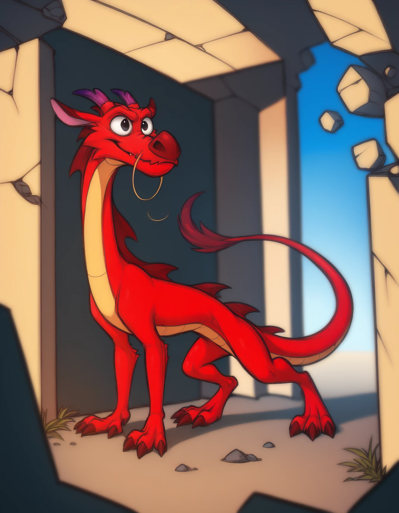 score_9, score_8_up, score_7_up, score_6_up, score_5_up, score_4_up, solo, feral
Mushu, red body, black eyes, purple horns, skinny, 4 fingers, claw, closed mouth, dragon tail, on one knee, NokotanEnteringClassroom, broken wall, stone
 <lora:Mushu_XL:1>
 <lora:NokotanEnteringClassroomMeme_pdxl_Incrs_v1:1>