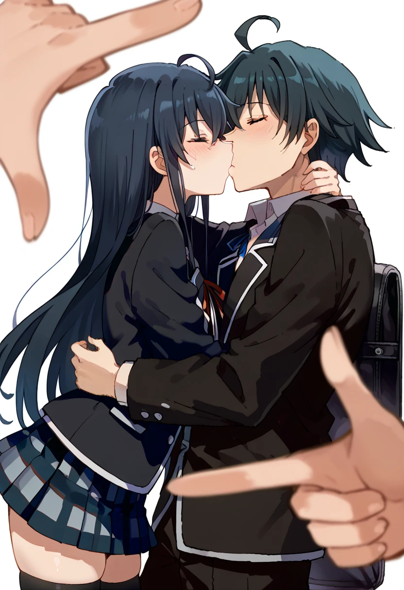 score_9, score_8_up, score_7_up, source anime, finger frame, pov hands, finger gun, hikigaya hachiman, yukinoshita yukino, absurdres, commentary request, highres, 1boy, 1girl, ahoge, black hair, black jacket, black thighhighs, blazer, closed eyes, couple, from side, heart, hetero, hug, jacket, kiss, long hair, long sleeves, mutual hug, plaid clothes, plaid skirt, pleated skirt, profile, school uniform, short hair, simple background, skirt, sobu high school uniform, standing, thighhighs, white background, zettai ryouiki