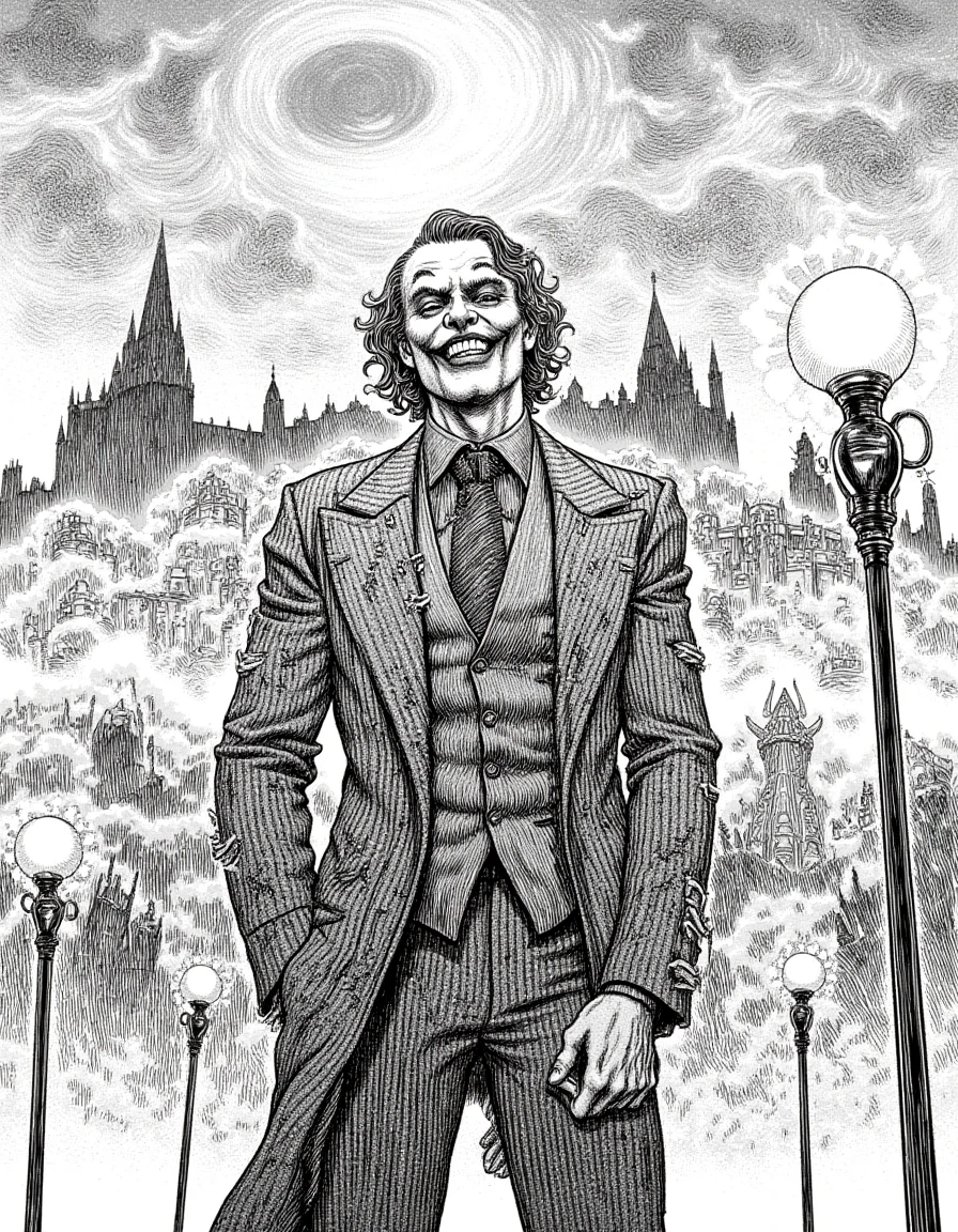 Highly detailed black and white ink drawing by Kentaro Miura of The Joker stands in a dynamic pose, exuding a blend of chaos and charisma. His wide grin, filled with sharp teeth, is accentuated by deep shadows that contour his gaunt face, making his eyes gleam with manic intensity. Adorned in a tattered suit that dances with intricate linework, every fold and crease exudes a palpable sense of movement, as if he's poised to leap into action.

Behind him, Gotham City looms ominously, its towering gothic architecture rendered in sharp contrasts. Abstract silhouettes of crooked buildings rise against a swirling, tumultuous sky, where thick clouds appear to thunder with impending doom. Flickers of light from scattered streetlamps illuminate the scene, casting erratic reflections that dance along The Joker's maniacal features.