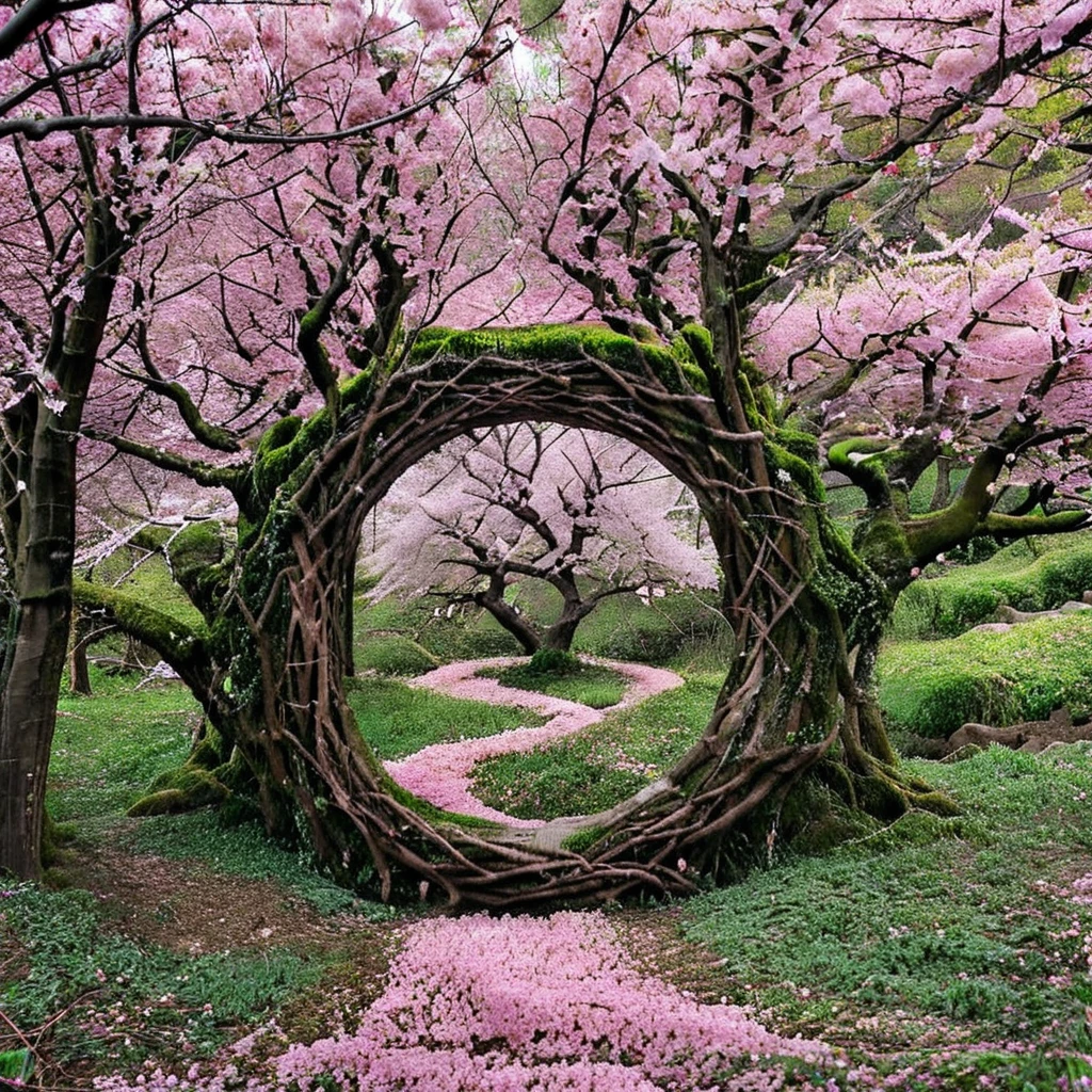 g0ldsw0rthy, nature scene, cherry blossom trees, cherry blossom portal, landscape, lush foliage, majestic, RAW photo <lora:Andy_Goldsworthy:1>