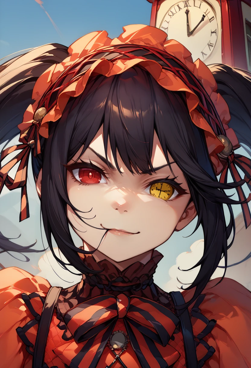 score_9, score_8_up, score_7_up, 1girl, hair in own mouth, <lora:HairInOwnMouth_pdxl_Incrs_v1:1>, close-up, <lora:ChamTokisakiKurumiPonyXL:1>, KurumiBase, clock eyes, red eye, yellow eye, heterochromia, black hair, twintails, hairband, red dress, striped bow, frills, smirk, outdoors,