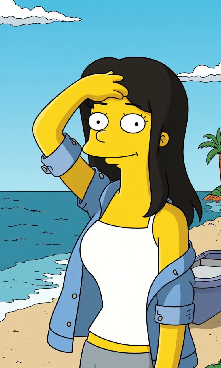 This is a high-definition cartoon-style image. "The Simpsons.", <lora:è¾æ®æ£®v2:1>,The subject of the photo is a young woman wearing a white tank top and a denim jacket, with the sleeves of the jacket rolled up. She has black hair that falls over her shoulders. Her right hand is raised, shielding it from the sun, as if she is enjoying the seaside view. The background shows a beach and the ocean, with waves crashing against the shore and a small boat moored on the beach.